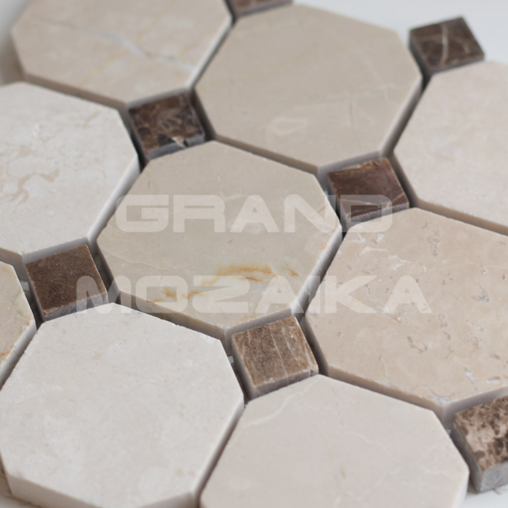 Мозаика Botticino Fiorito + Dark Imperador серия Octagon Pattern